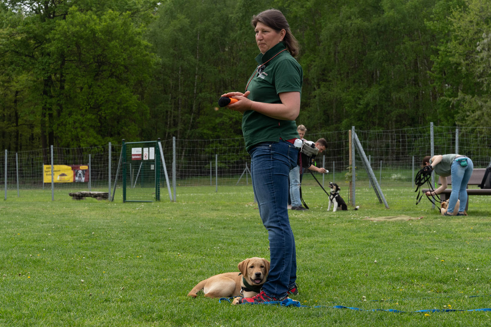 Eine Hundetrainerin steht auf einem Trainingsplatz, während ein Welpe ruhig neben ihr liegt – eine typische Situation aus dem Welpenkurs Bad Kreuznach.